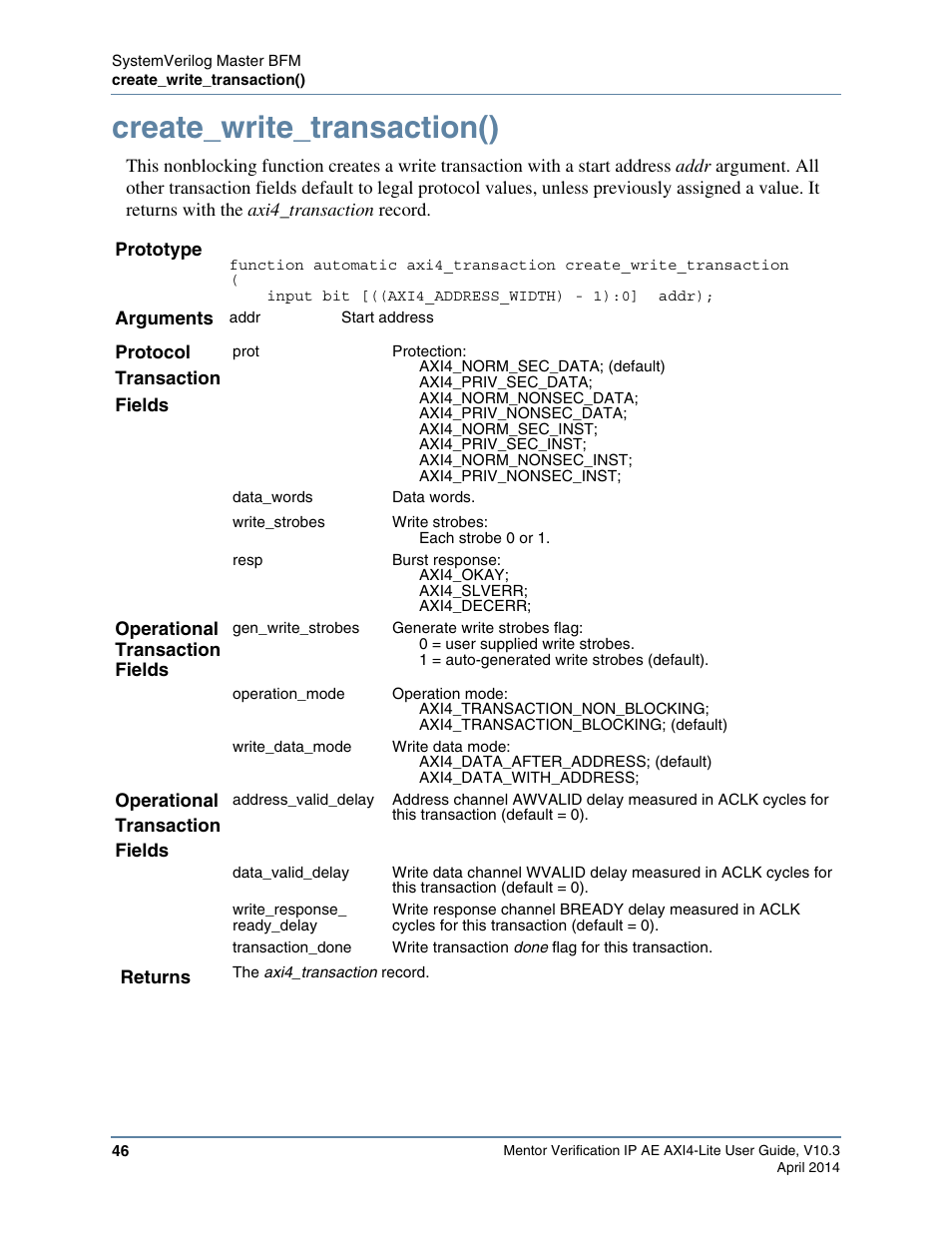 Create_write_transaction(), Tasks, which creates a transaction | Altera Mentor Verification IP Altera Edition AMBA AXI4-Lite User Manual | Page 46 / 413