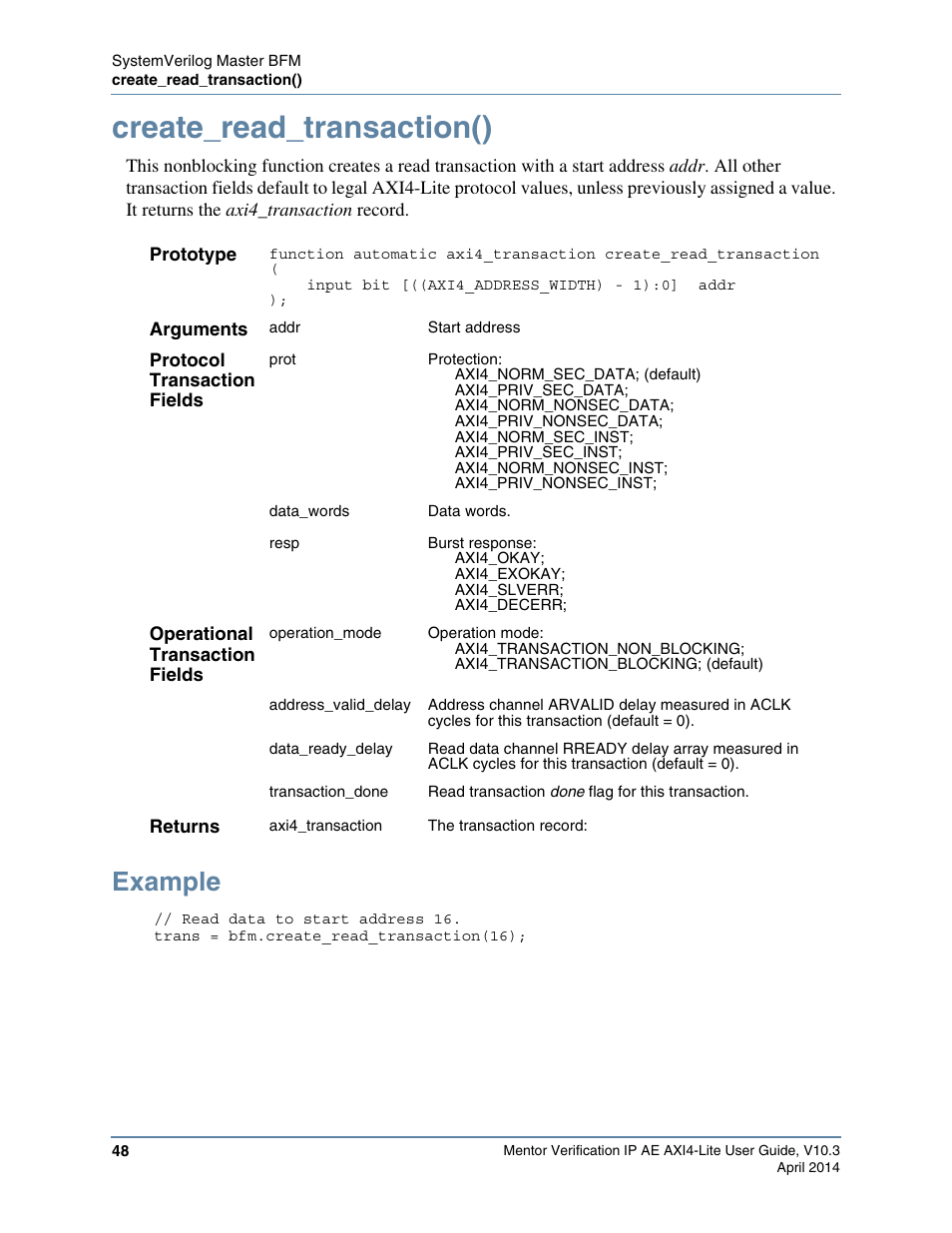 Create_read_transaction(), Example | Altera Mentor Verification IP Altera Edition AMBA AXI4-Lite User Manual | Page 48 / 413