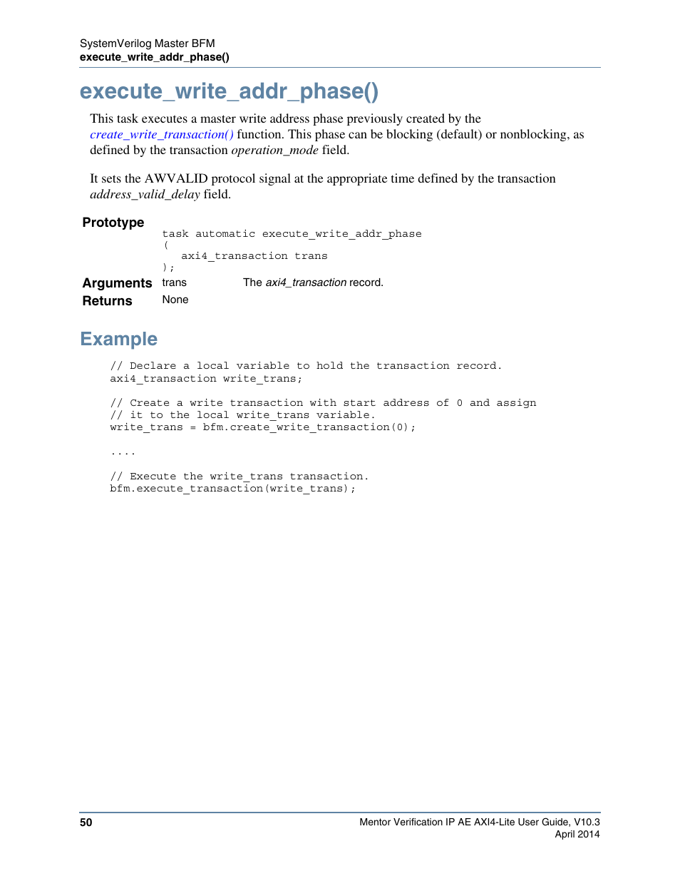 Execute_write_addr_phase(), Example, G the | Calls the | Altera Mentor Verification IP Altera Edition AMBA AXI4-Lite User Manual | Page 50 / 413