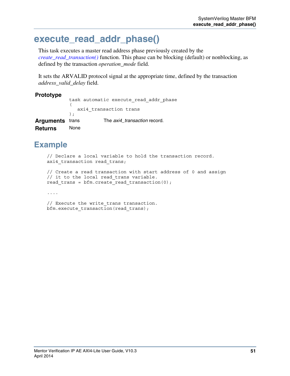 Execute_read_addr_phase(), Example, Task followed by the | Calls the | Altera Mentor Verification IP Altera Edition AMBA AXI4-Lite User Manual | Page 51 / 413