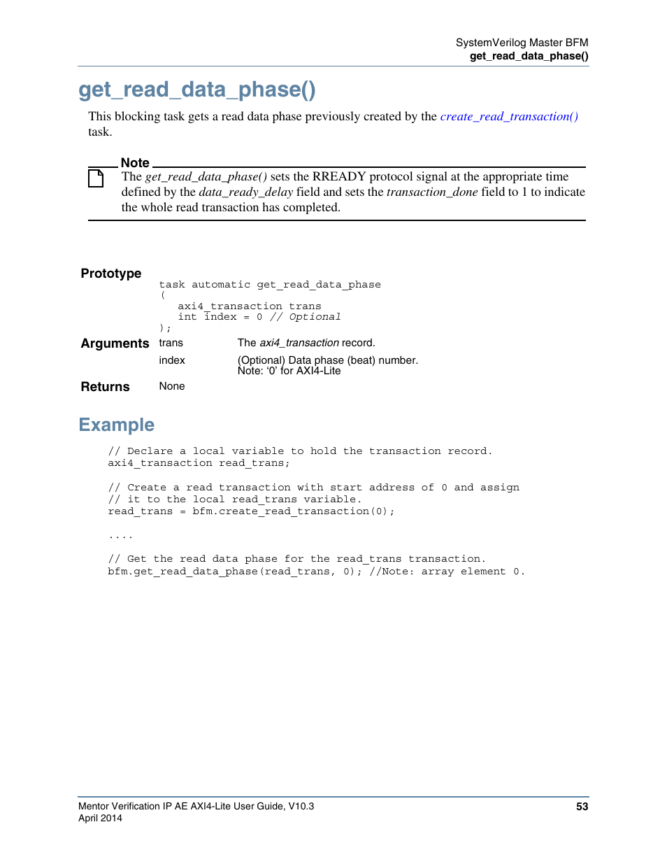 Get_read_data_phase(), Example, In a master bfm test program, you call the | Task to investigate whether a, Followed by the, Task to | Altera Mentor Verification IP Altera Edition AMBA AXI4-Lite User Manual | Page 53 / 413