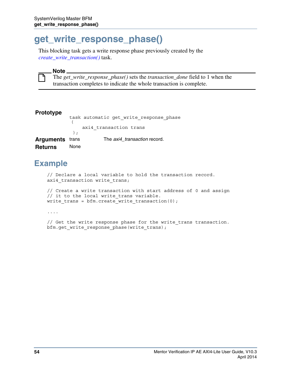 Get_write_response_phase(), Example, Task to receive the resp | Ll the | Altera Mentor Verification IP Altera Edition AMBA AXI4-Lite User Manual | Page 54 / 413