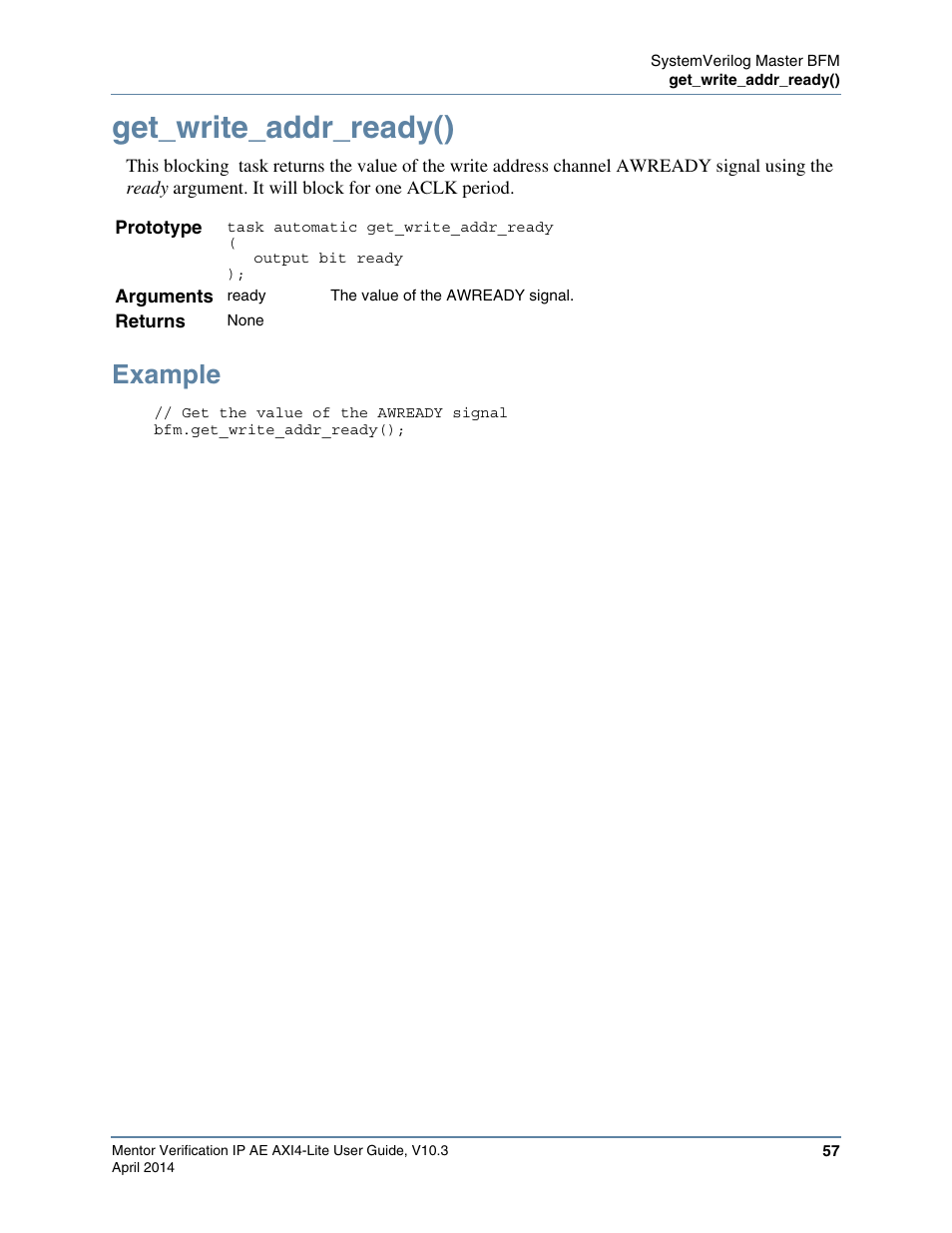 Get_write_addr_ready(), Example | Altera Mentor Verification IP Altera Edition AMBA AXI4-Lite User Manual | Page 57 / 413