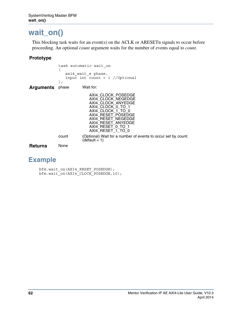 Wait_on(), Example | Altera Mentor Verification IP Altera Edition AMBA AXI4-Lite User Manual | Page 62 / 413