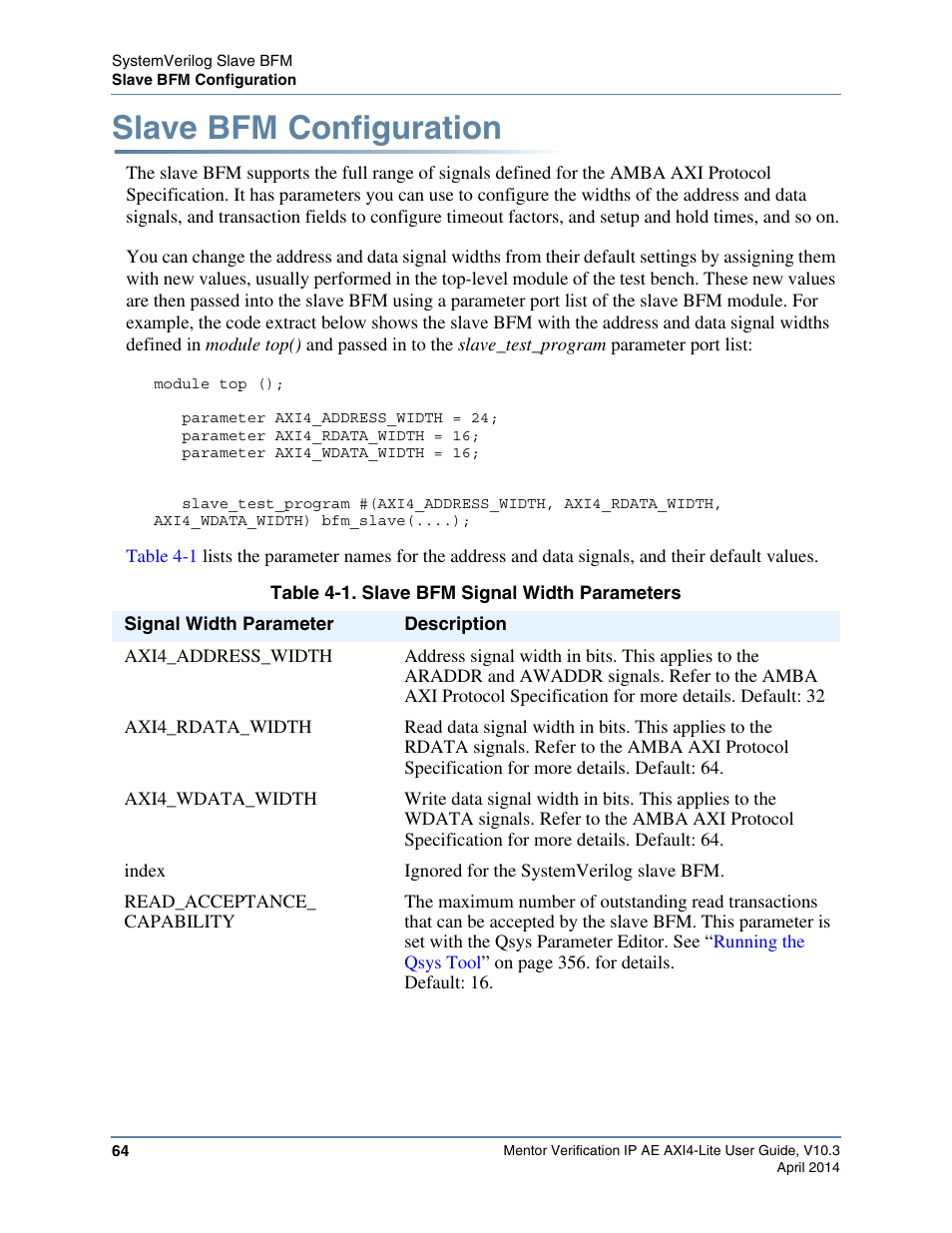 Slave bfm configuration, Table 4-1. slave bfm signal width parameters | Altera Mentor Verification IP Altera Edition AMBA AXI4-Lite User Manual | Page 64 / 413