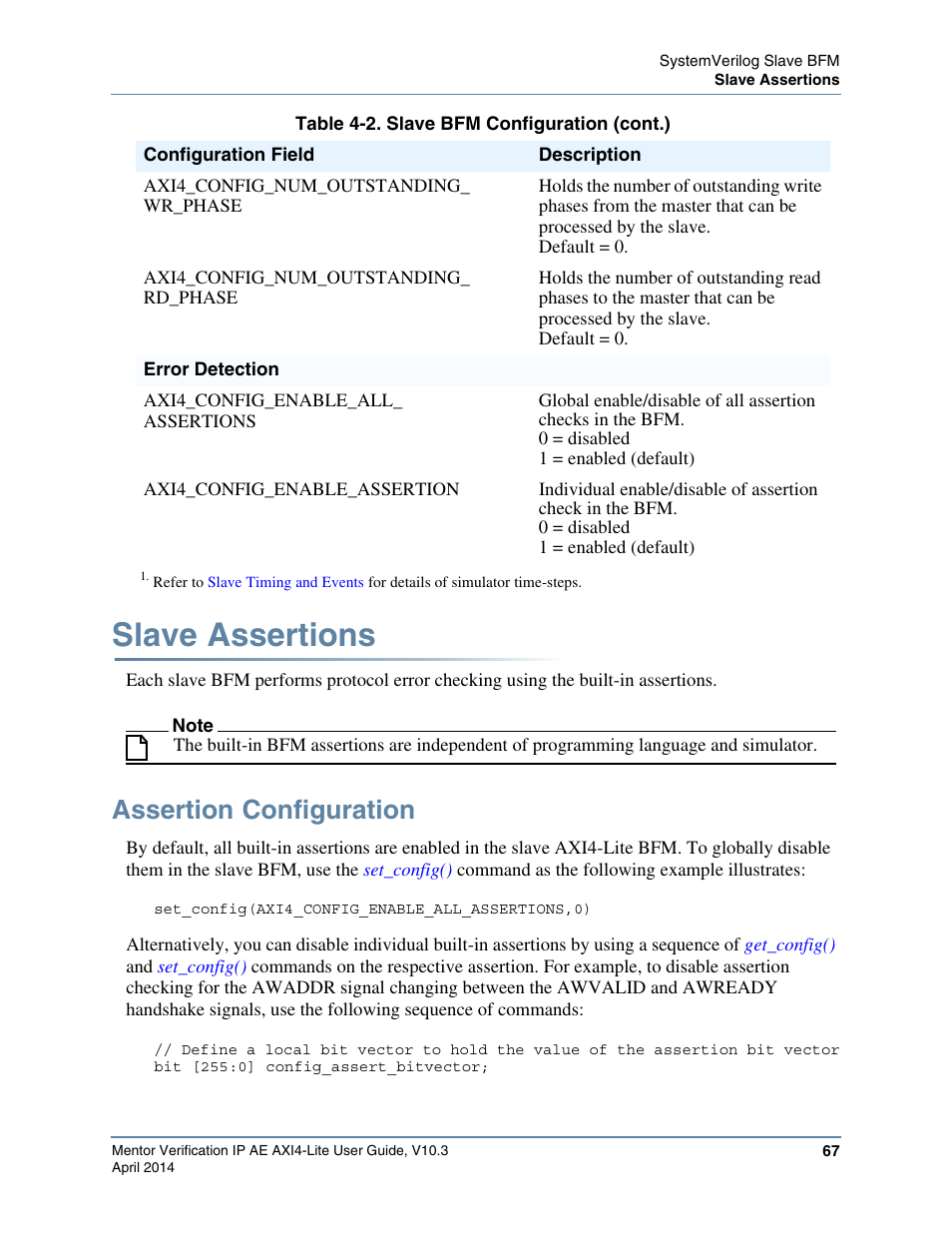 Slave assertions, Assertion configuration | Altera Mentor Verification IP Altera Edition AMBA AXI4-Lite User Manual | Page 67 / 413