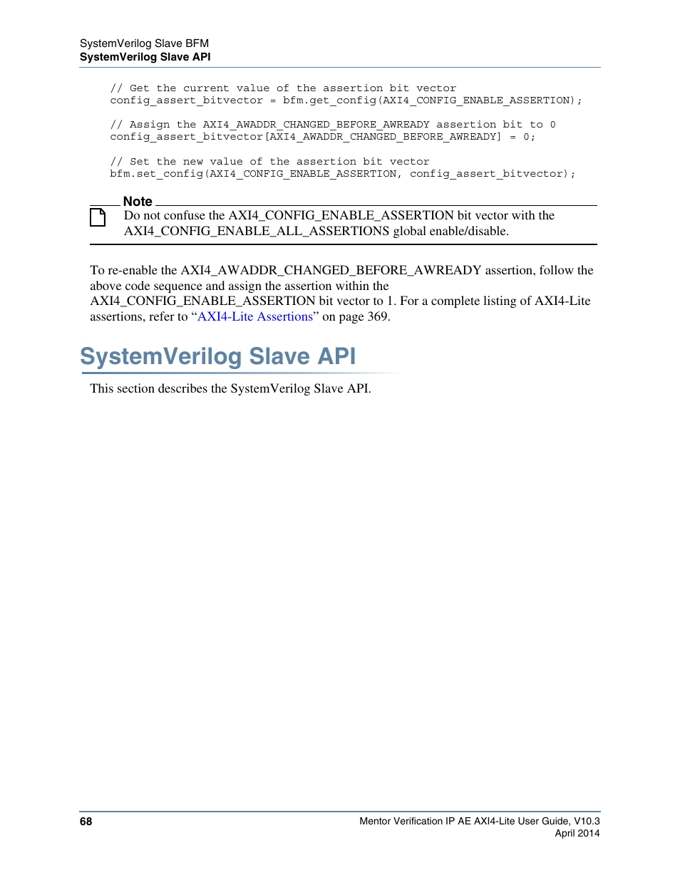 Systemverilog slave api | Altera Mentor Verification IP Altera Edition AMBA AXI4-Lite User Manual | Page 68 / 413