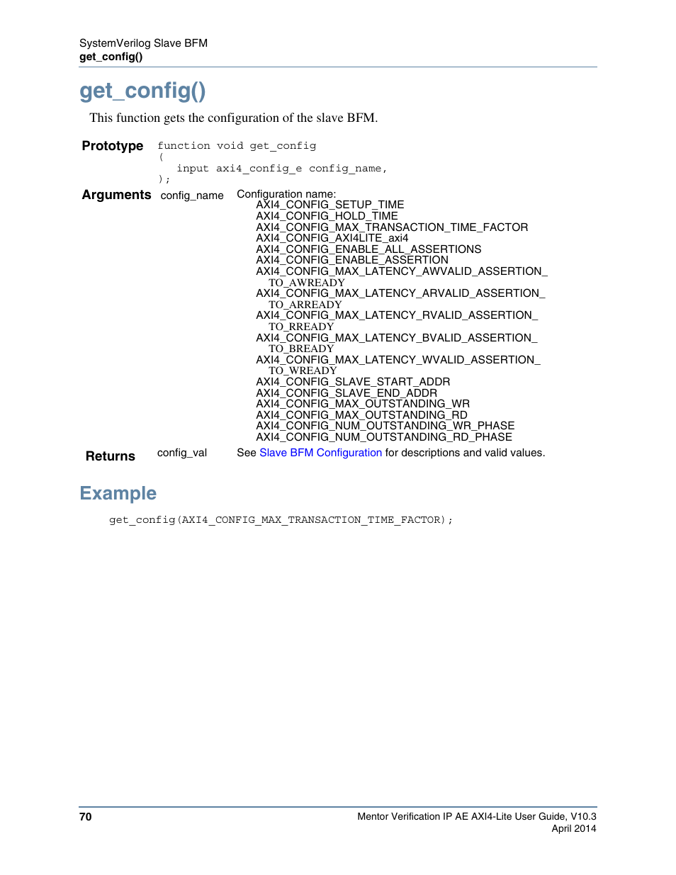 Get_config(), Example | Altera Mentor Verification IP Altera Edition AMBA AXI4-Lite User Manual | Page 70 / 413