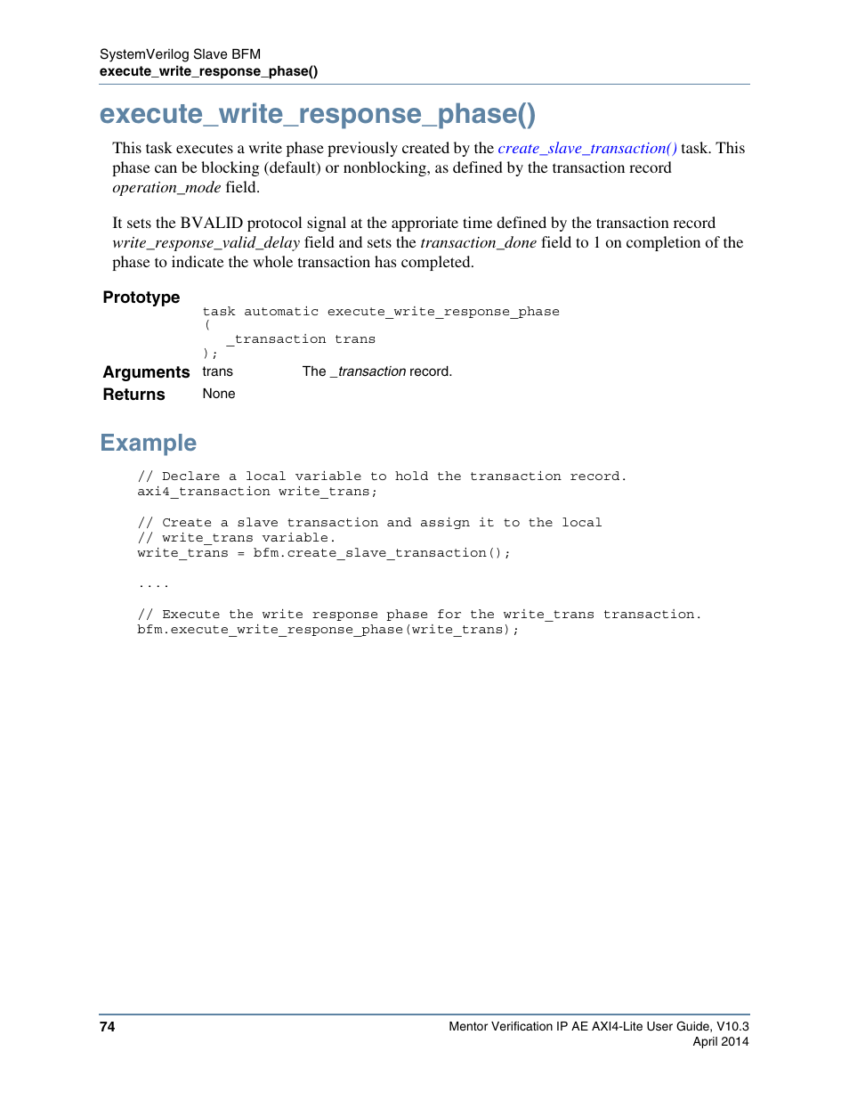 Execute_write_response_phase(), Example | Altera Mentor Verification IP Altera Edition AMBA AXI4-Lite User Manual | Page 74 / 413