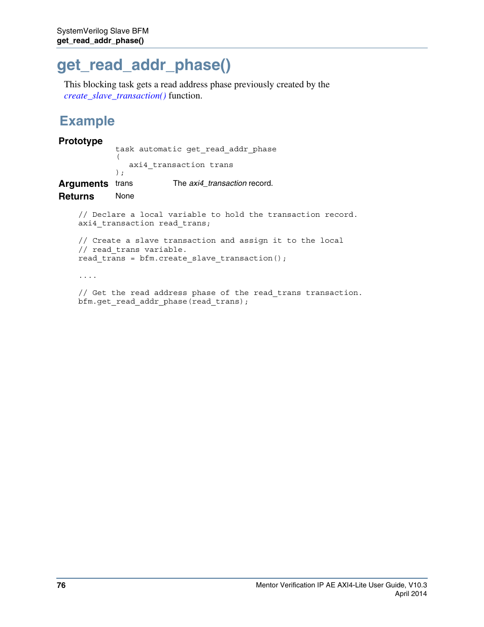 Get_read_addr_phase(), Example, Task | Altera Mentor Verification IP Altera Edition AMBA AXI4-Lite User Manual | Page 76 / 413