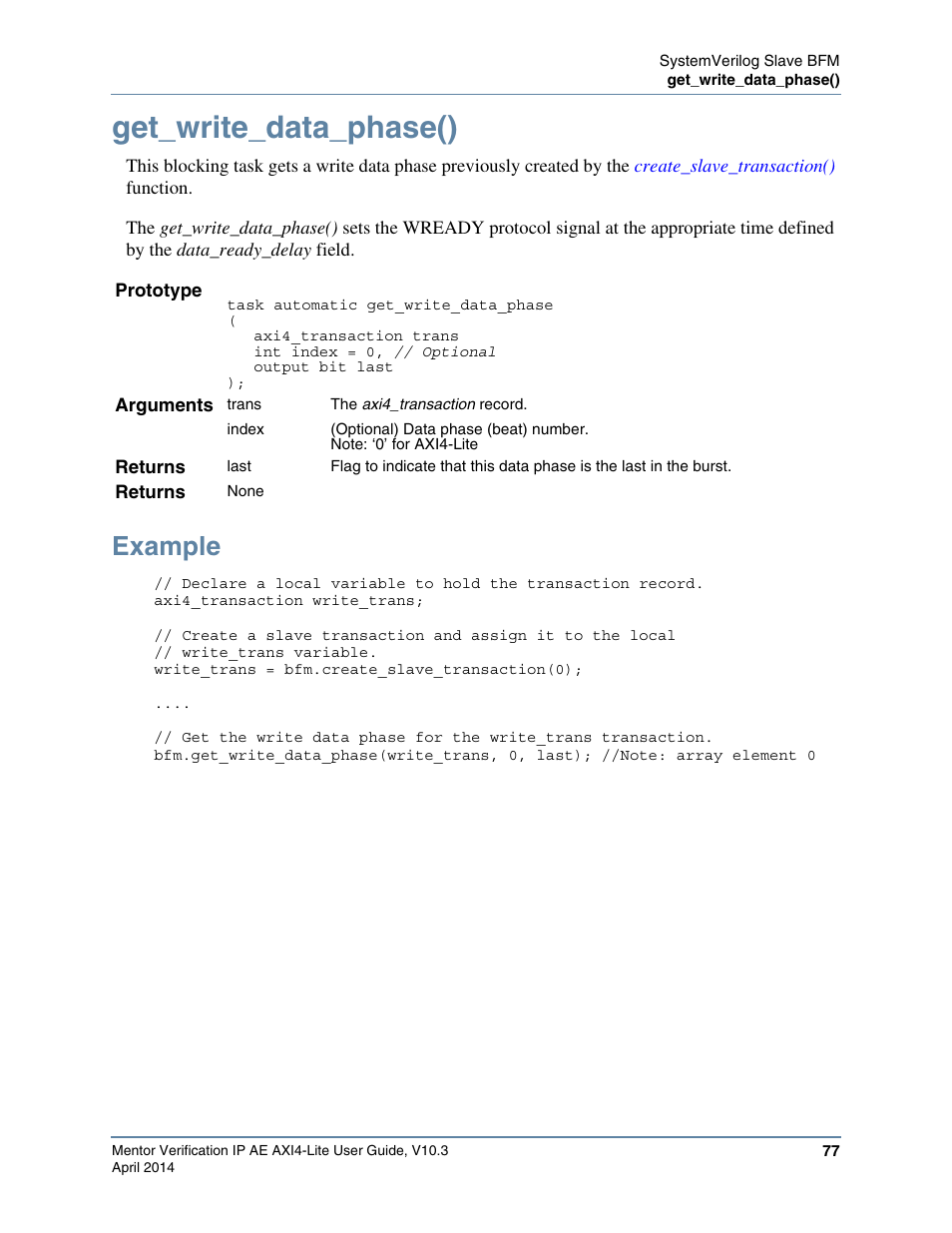 Get_write_data_phase(), Example, Task, followed by the | Altera Mentor Verification IP Altera Edition AMBA AXI4-Lite User Manual | Page 77 / 413