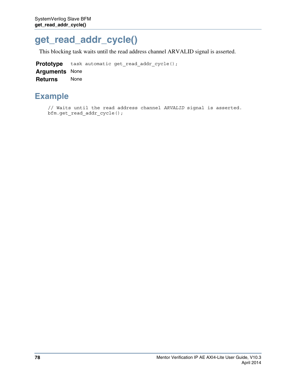 Get_read_addr_cycle(), Example | Altera Mentor Verification IP Altera Edition AMBA AXI4-Lite User Manual | Page 78 / 413