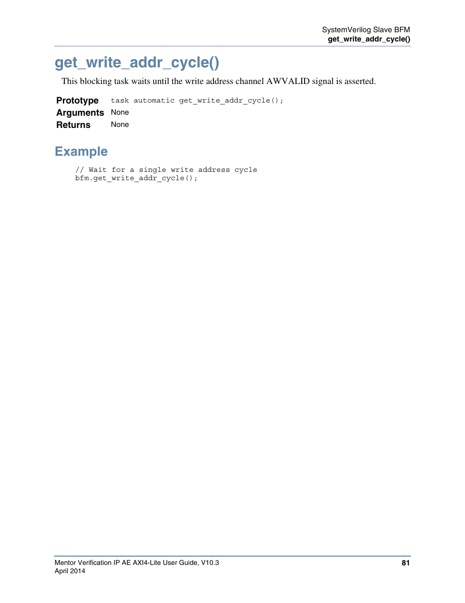 Get_write_addr_cycle(), Example | Altera Mentor Verification IP Altera Edition AMBA AXI4-Lite User Manual | Page 81 / 413