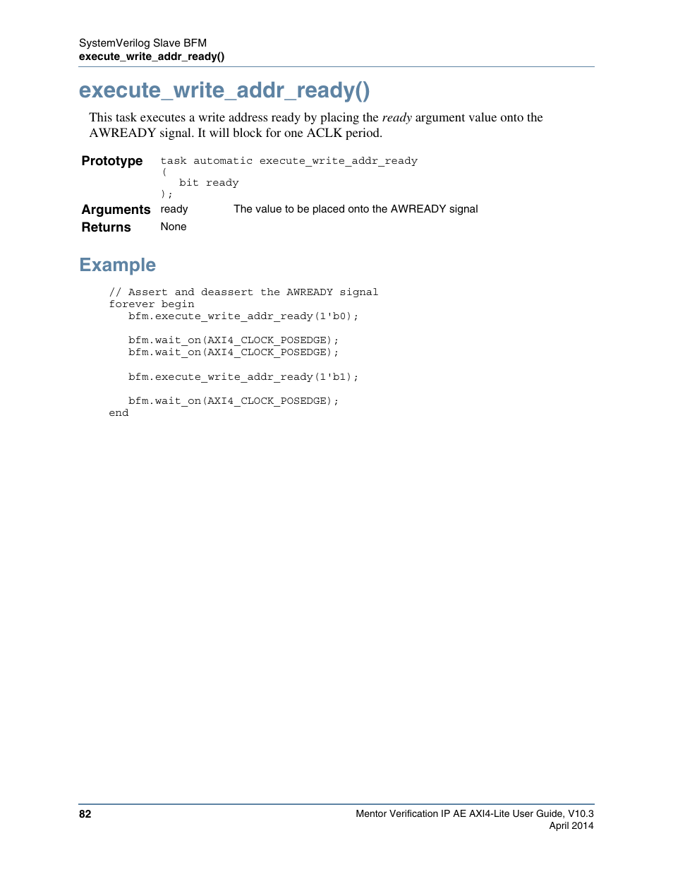 Execute_write_addr_ready(), Example | Altera Mentor Verification IP Altera Edition AMBA AXI4-Lite User Manual | Page 82 / 413