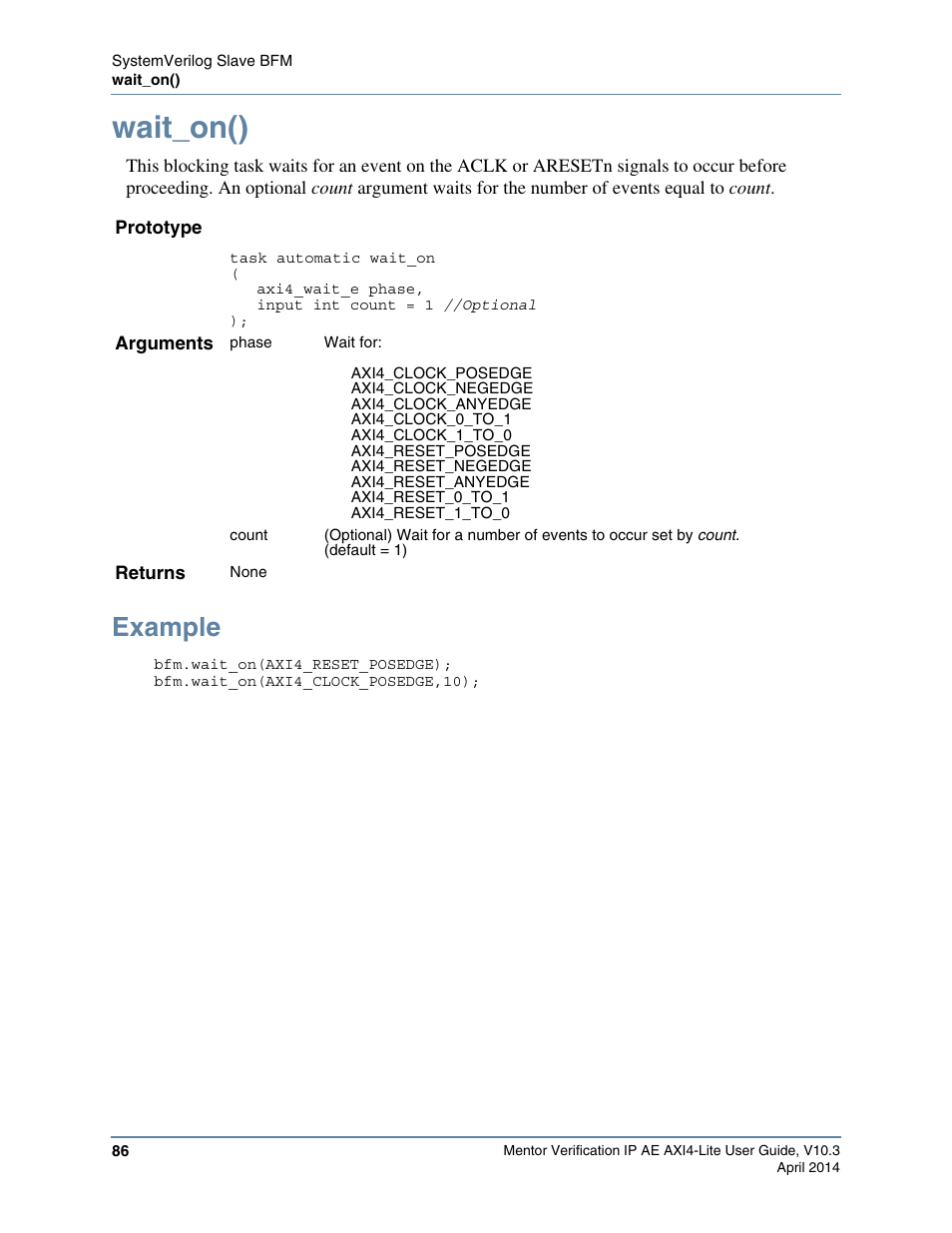 Wait_on(), Example | Altera Mentor Verification IP Altera Edition AMBA AXI4-Lite User Manual | Page 86 / 413