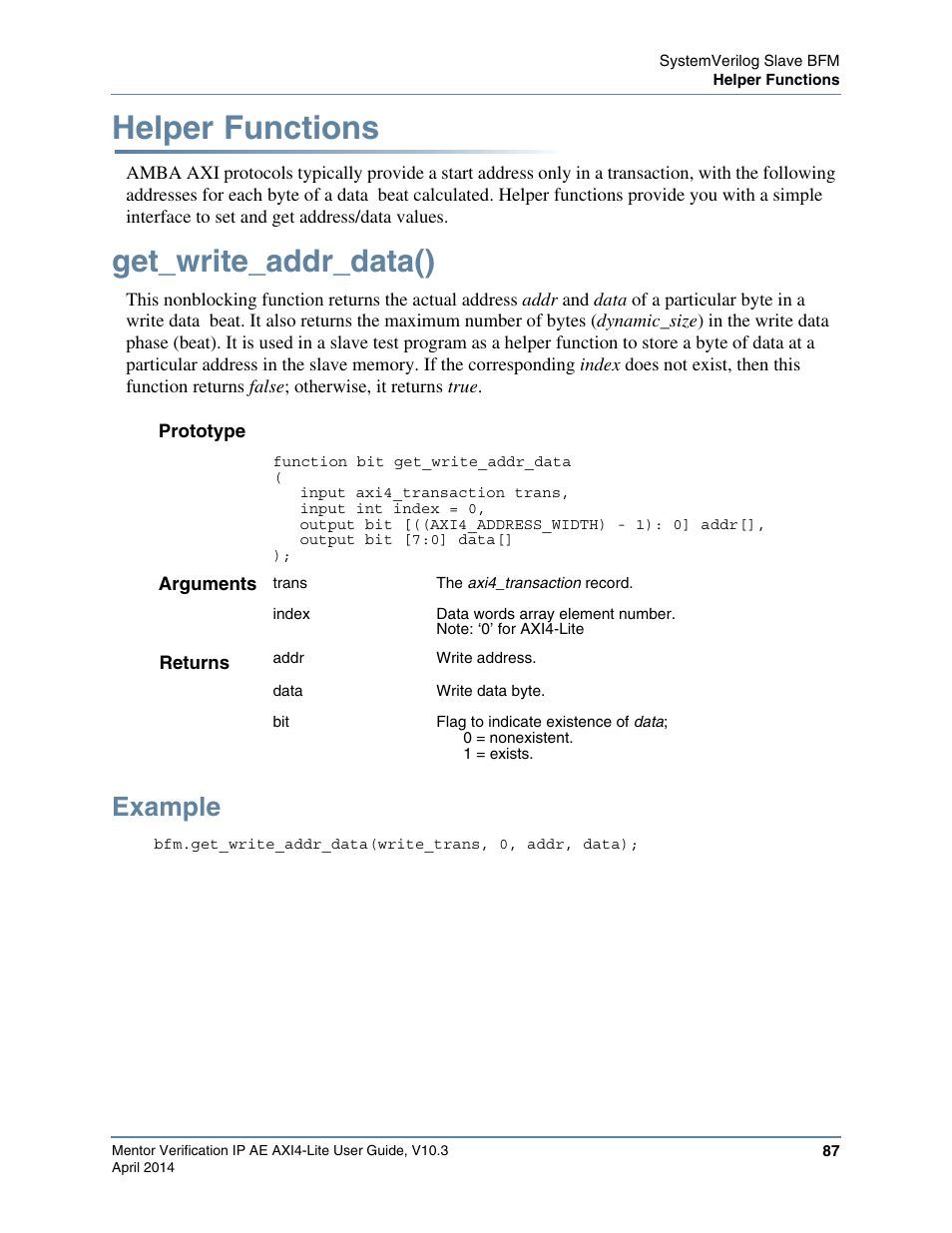 Helper functions, Get_write_addr_data(), Example | Altera Mentor Verification IP Altera Edition AMBA AXI4-Lite User Manual | Page 87 / 413