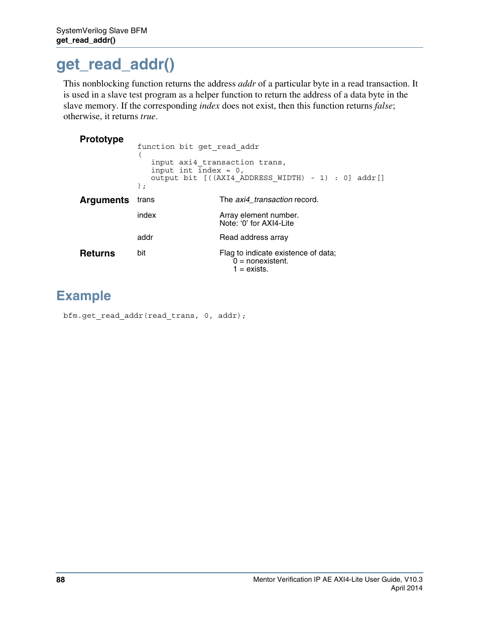Get_read_addr(), Example | Altera Mentor Verification IP Altera Edition AMBA AXI4-Lite User Manual | Page 88 / 413