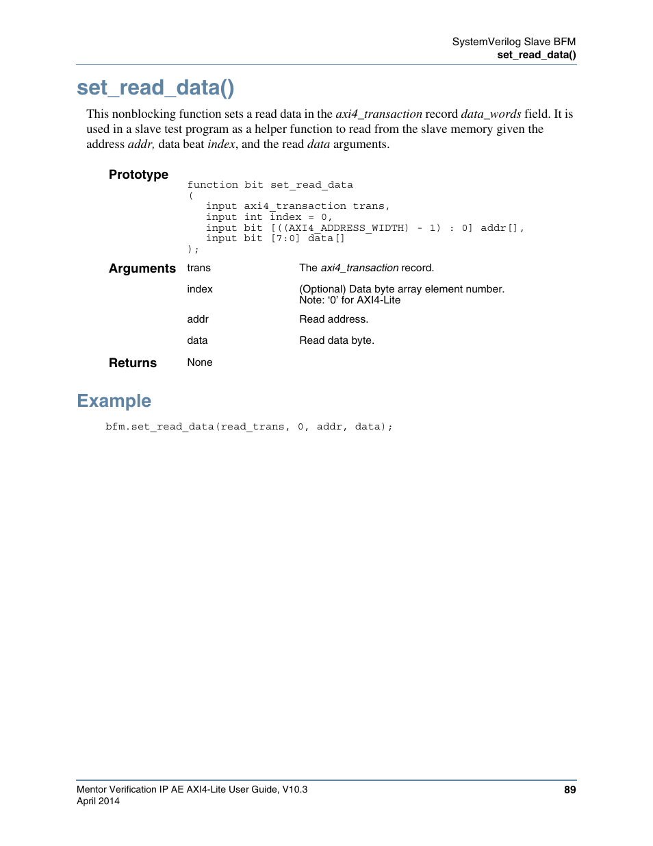 Set_read_data(), Example | Altera Mentor Verification IP Altera Edition AMBA AXI4-Lite User Manual | Page 89 / 413