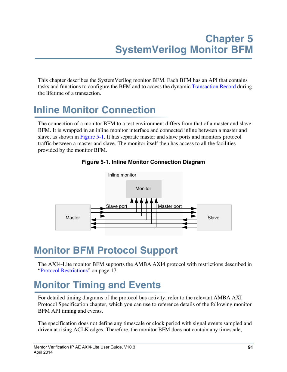 Chapter 5 systemverilog monitor bfm, Inline monitor connection, Monitor bfm protocol support | Monitor timing and events, Figure 5-1. inline monitor connection diagram | Altera Mentor Verification IP Altera Edition AMBA AXI4-Lite User Manual | Page 91 / 413