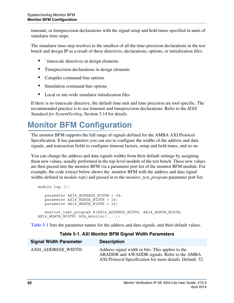 Monitor bfm configuration, Table 5-1. axi monitor bfm signal width parameters | Altera Mentor Verification IP Altera Edition AMBA AXI4-Lite User Manual | Page 92 / 413