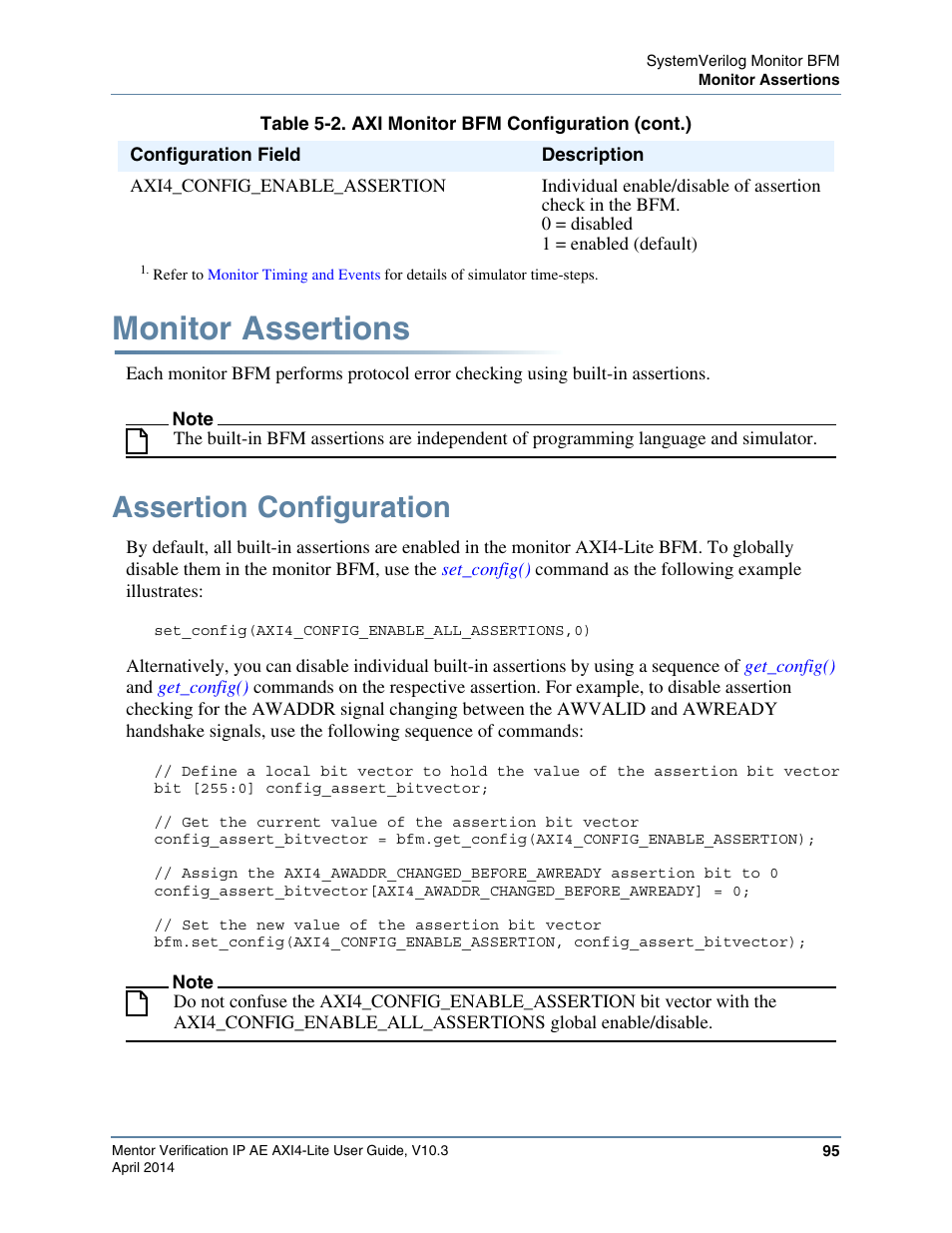 Monitor assertions, Assertion configuration | Altera Mentor Verification IP Altera Edition AMBA AXI4-Lite User Manual | Page 95 / 413