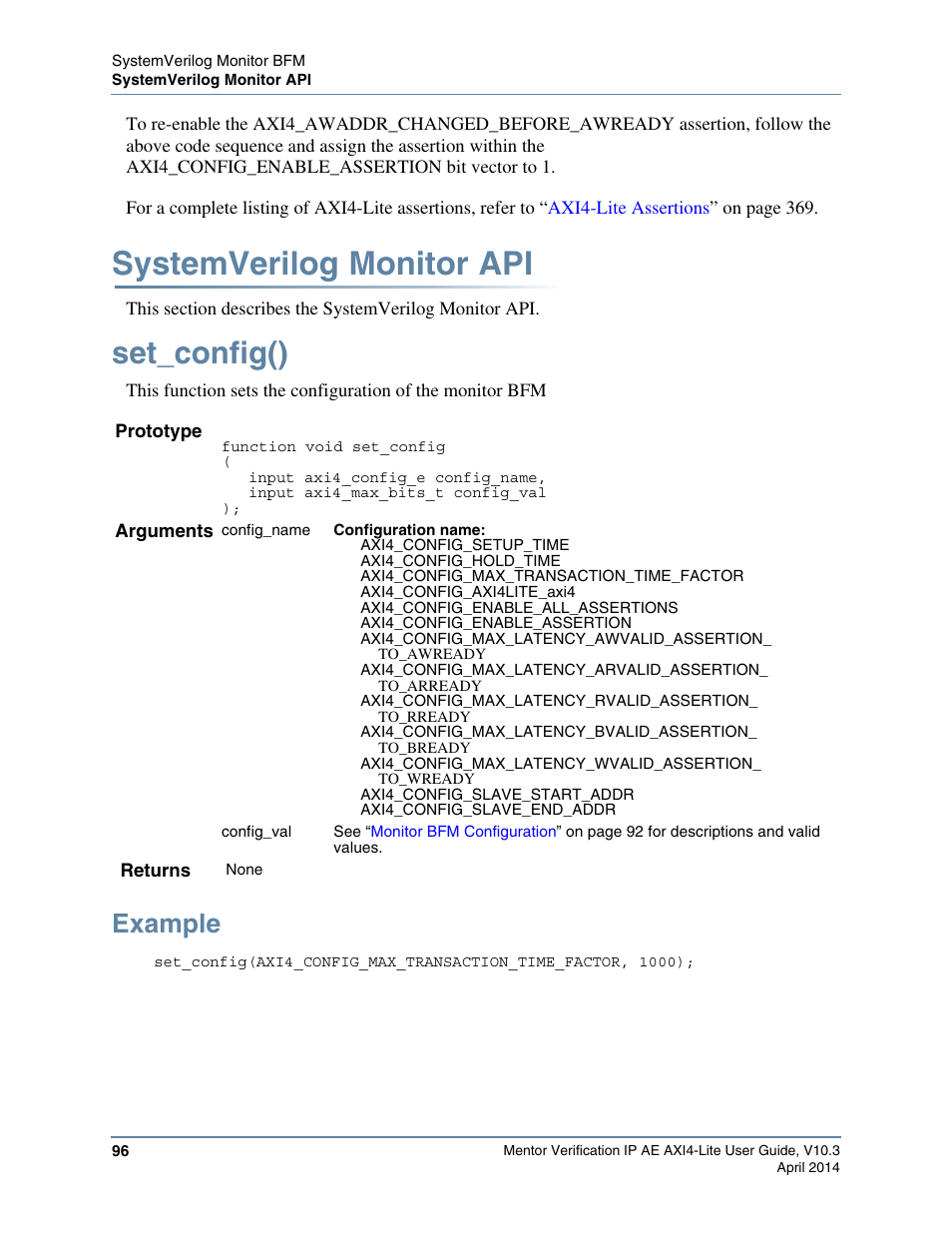 Systemverilog monitor api, Set_config(), Example | Fields that you can set via the, Function to, Command as the following example | Altera Mentor Verification IP Altera Edition AMBA AXI4-Lite User Manual | Page 96 / 413