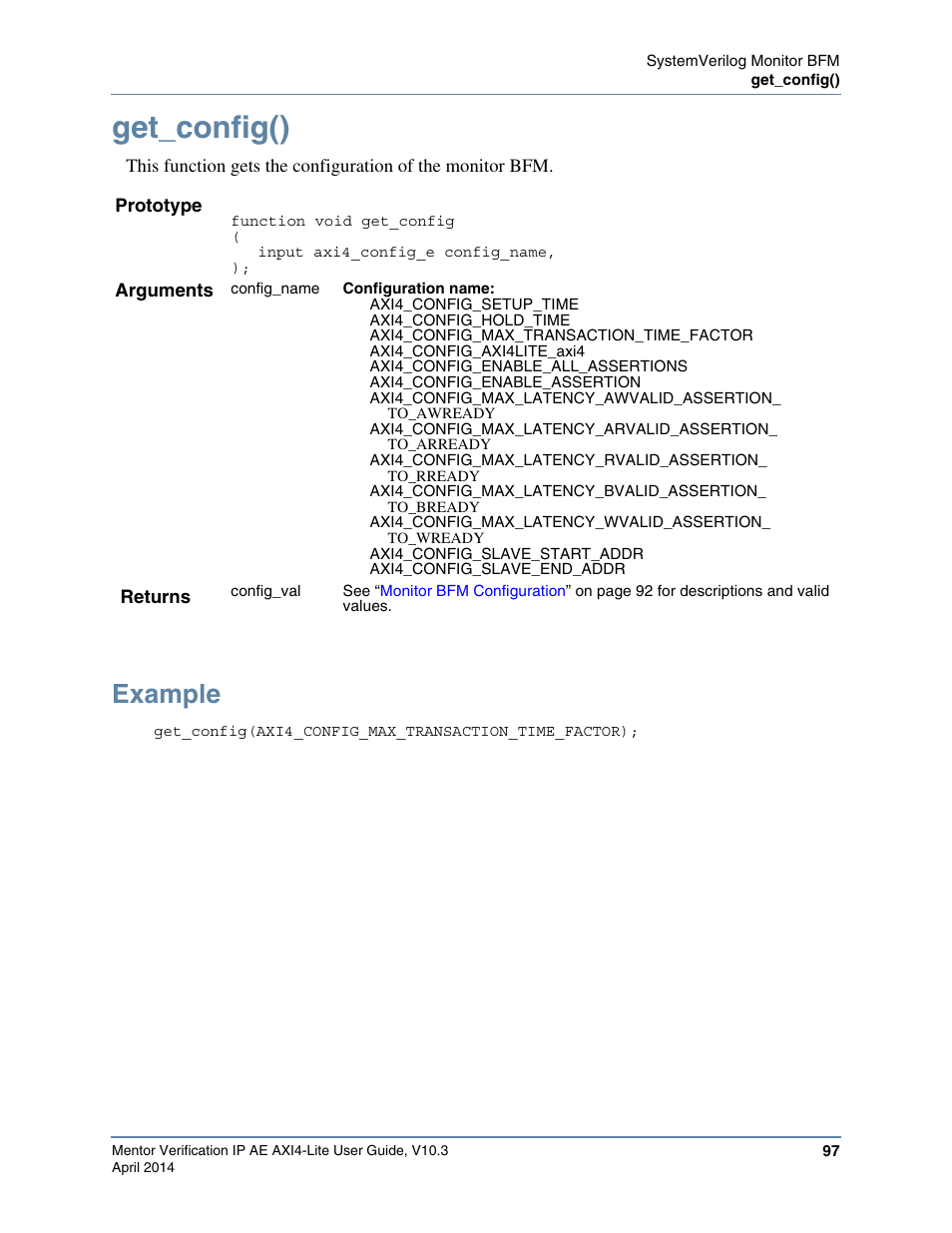 Get_config(), Example | Altera Mentor Verification IP Altera Edition AMBA AXI4-Lite User Manual | Page 97 / 413