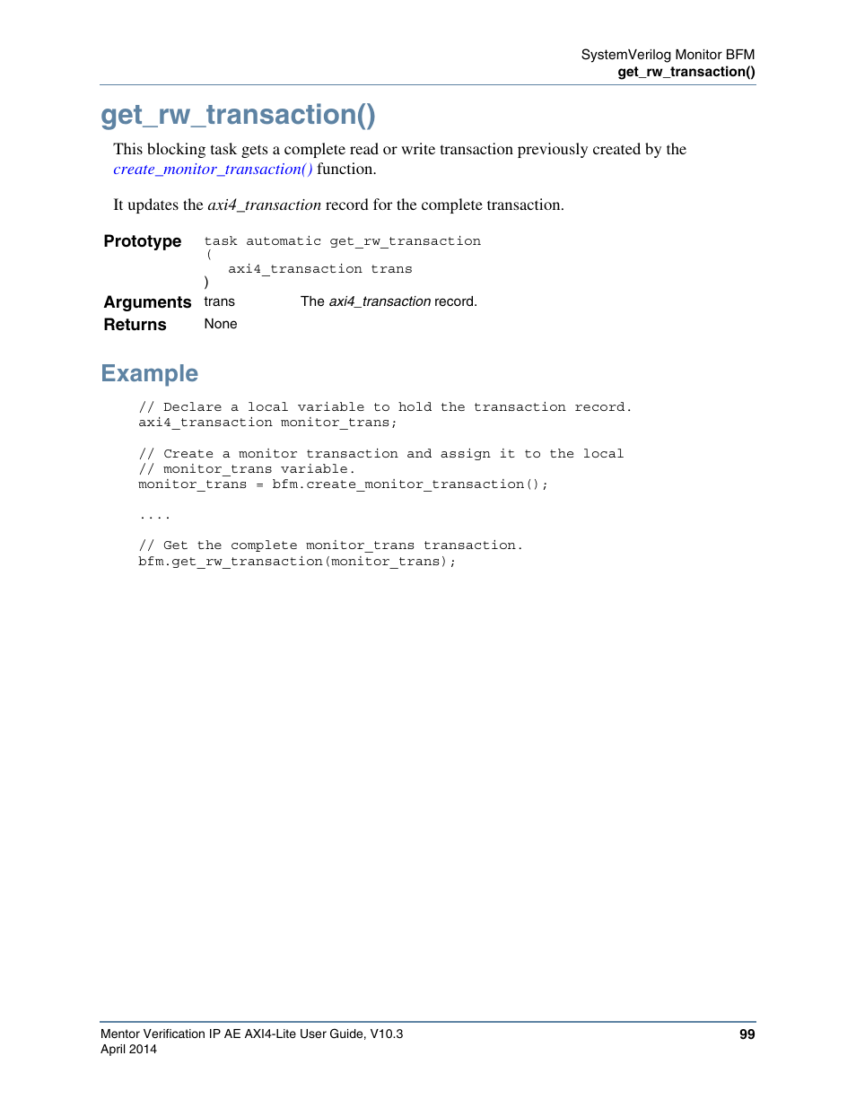 Get_rw_transaction(), Example | Altera Mentor Verification IP Altera Edition AMBA AXI4-Lite User Manual | Page 99 / 413