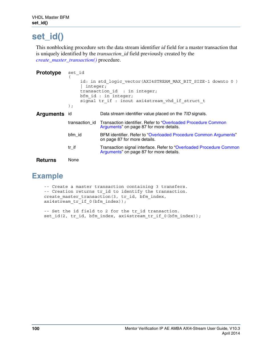 Set_id(), Example | Altera Mentor Verification IP Altera Edition AMBA AXI4-Stream User Manual | Page 100 / 231