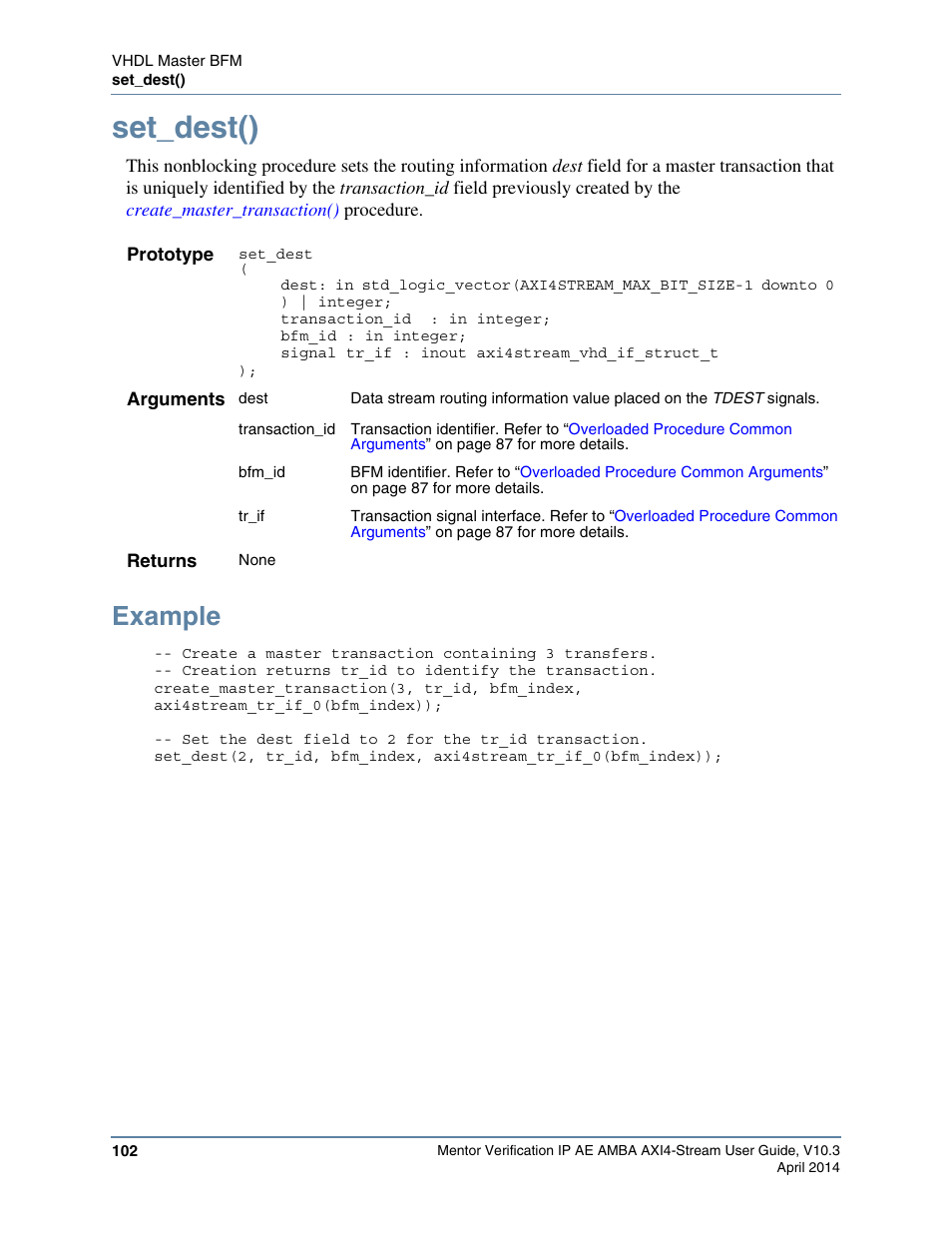 Set_dest(), Example | Altera Mentor Verification IP Altera Edition AMBA AXI4-Stream User Manual | Page 102 / 231