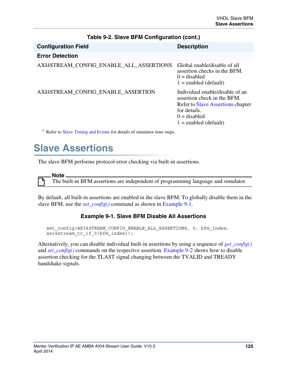 Slave assertions, Example 9-1. slave bfm disable all assertions | Altera Mentor Verification IP Altera Edition AMBA AXI4-Stream User Manual | Page 125 / 231