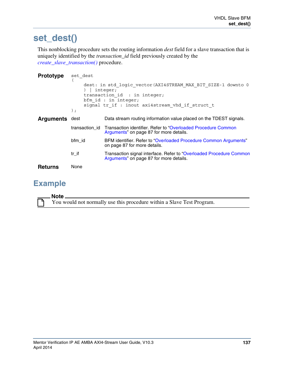 Set_dest(), Example | Altera Mentor Verification IP Altera Edition AMBA AXI4-Stream User Manual | Page 137 / 231