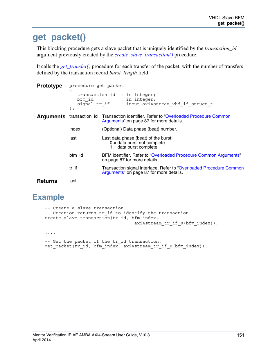 Get_packet(), Example, Procedure | Ou call the | Altera Mentor Verification IP Altera Edition AMBA AXI4-Stream User Manual | Page 151 / 231