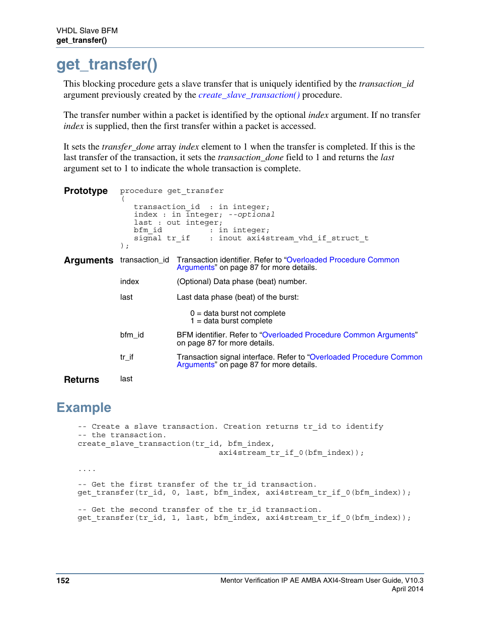 Get_transfer(), Example, Procedure for each transfer of the | Altera Mentor Verification IP Altera Edition AMBA AXI4-Stream User Manual | Page 152 / 231