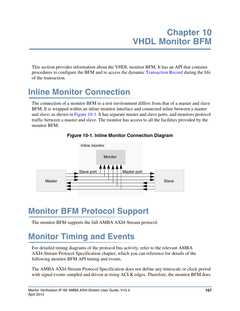 Chapter 10 vhdl monitor bfm, Inline monitor connection, Monitor bfm protocol support | Monitor timing and events, Figure 10-1. inline monitor connection diagram, Vhdl monitor bfm | Altera Mentor Verification IP Altera Edition AMBA AXI4-Stream User Manual | Page 157 / 231