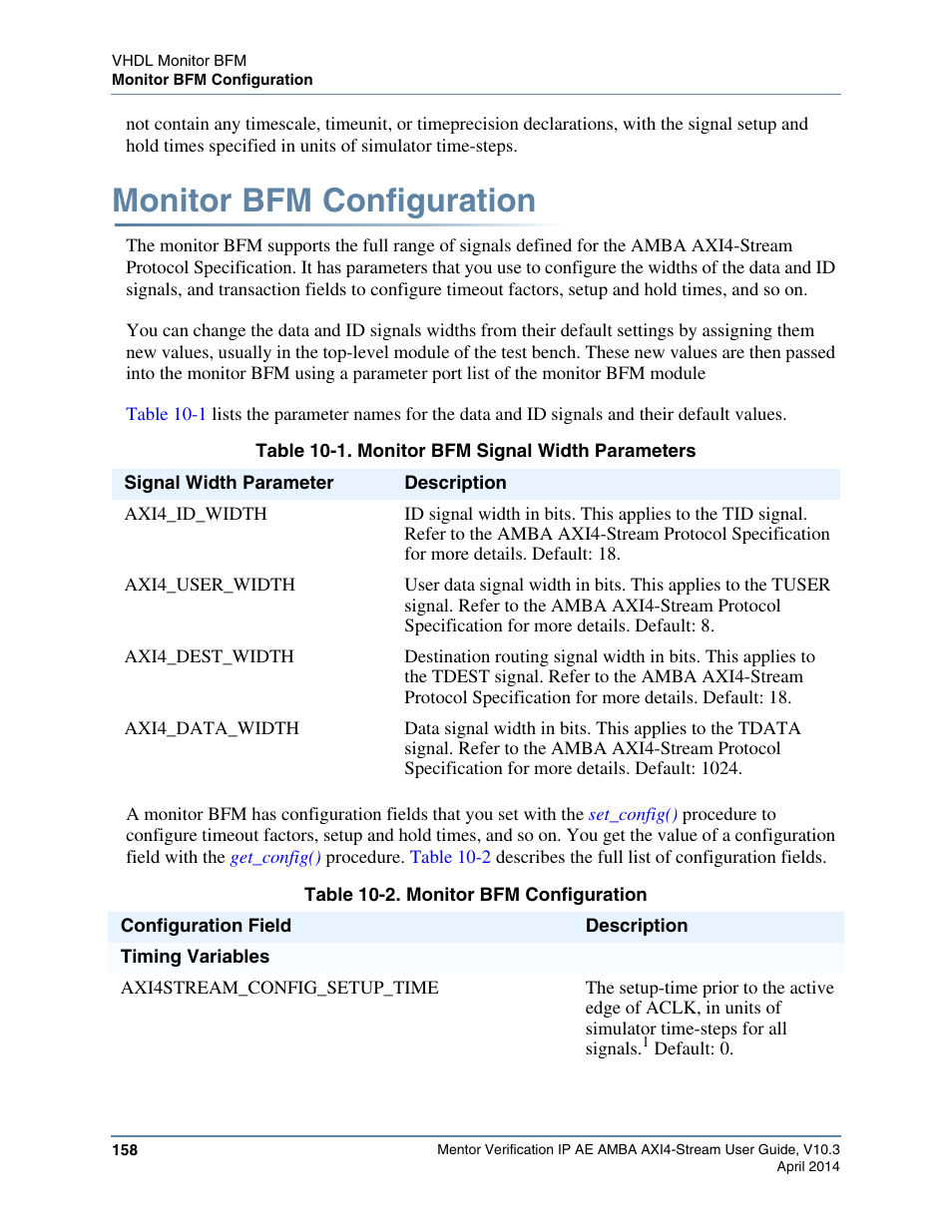 Monitor bfm configuration | Altera Mentor Verification IP Altera Edition AMBA AXI4-Stream User Manual | Page 158 / 231