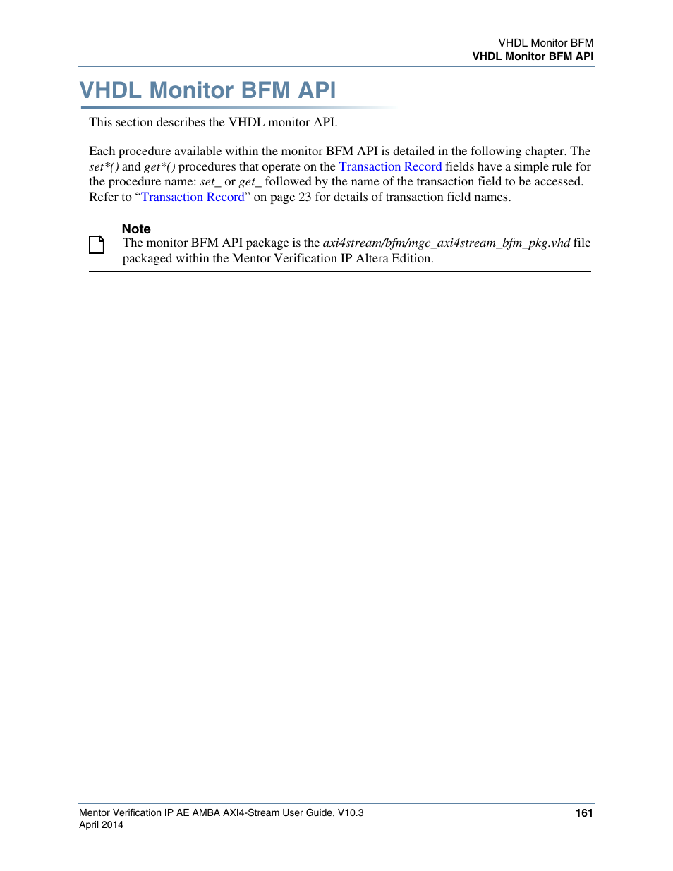 Vhdl monitor bfm api | Altera Mentor Verification IP Altera Edition AMBA AXI4-Stream User Manual | Page 161 / 231