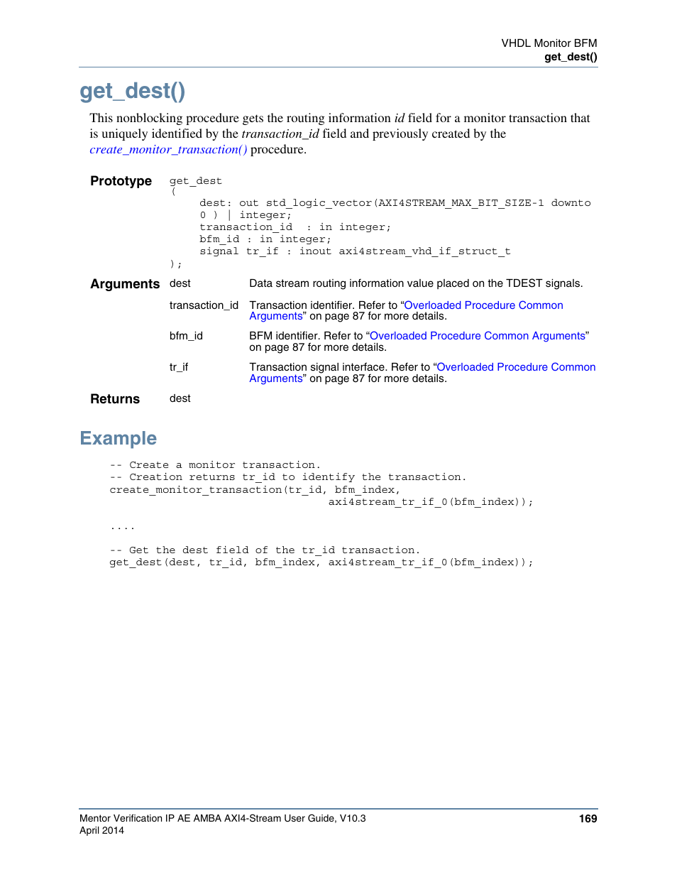 Get_dest(), Example | Altera Mentor Verification IP Altera Edition AMBA AXI4-Stream User Manual | Page 169 / 231
