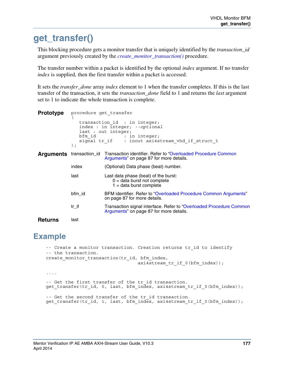 Get_transfer(), Example, Procedure for each transfe | Altera Mentor Verification IP Altera Edition AMBA AXI4-Stream User Manual | Page 177 / 231