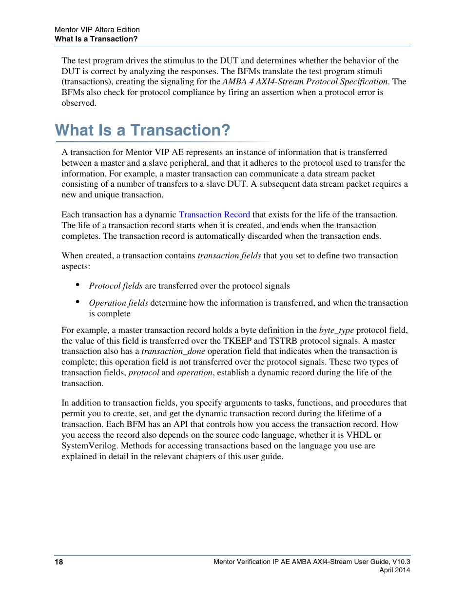 What is a transaction | Altera Mentor Verification IP Altera Edition AMBA AXI4-Stream User Manual | Page 18 / 231