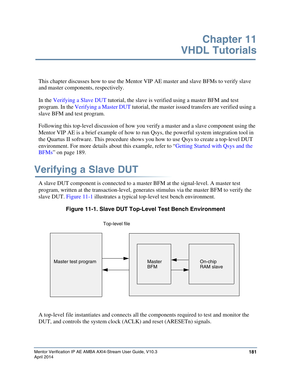 Chapter 11 vhdl tutorials, Verifying a slave dut | Altera Mentor Verification IP Altera Edition AMBA AXI4-Stream User Manual | Page 181 / 231