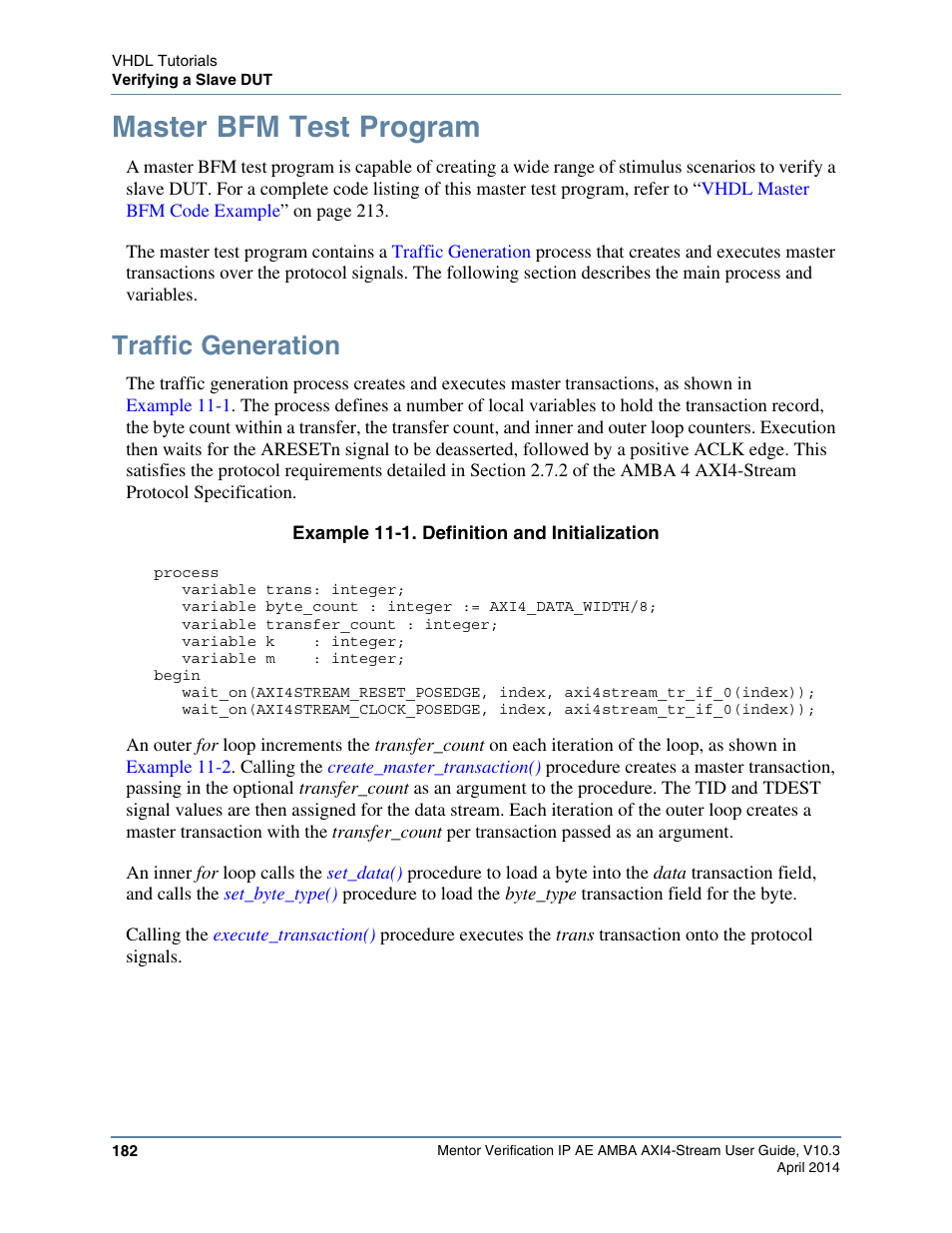 Master bfm test program, Traffic generation, Example 11-1. definition and initialization | Altera Mentor Verification IP Altera Edition AMBA AXI4-Stream User Manual | Page 182 / 231