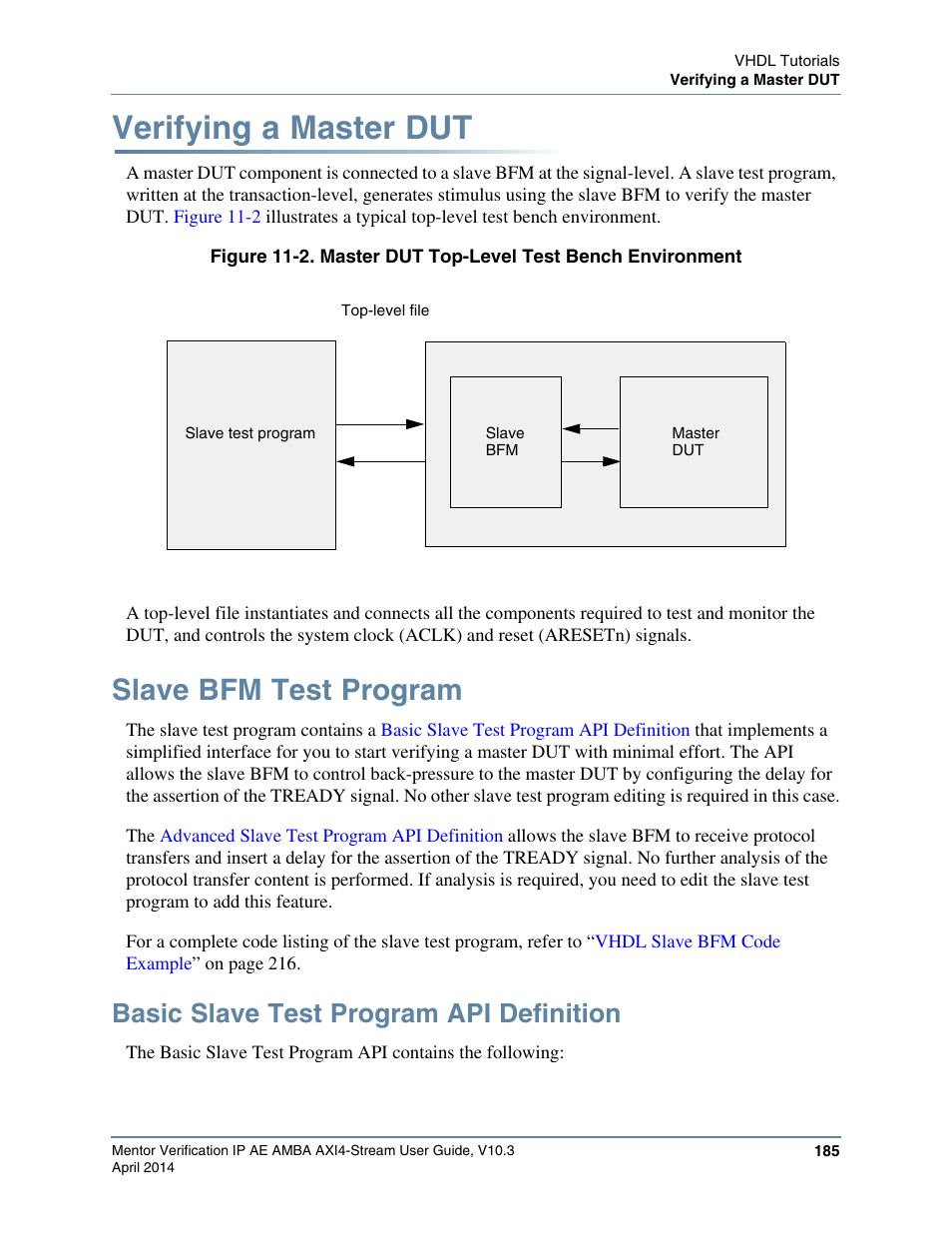 Verifying a master dut, Slave bfm test program, Basic slave test program api definition | Altera Mentor Verification IP Altera Edition AMBA AXI4-Stream User Manual | Page 185 / 231