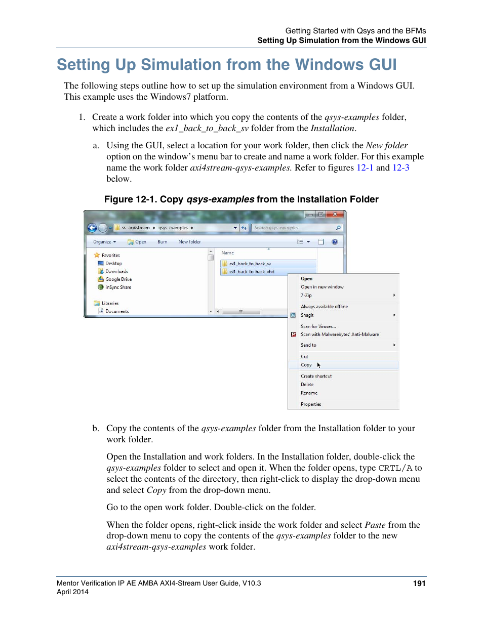 Setting up simulation from the windows gui, Figure 12-1. copy qsys-exa | Altera Mentor Verification IP Altera Edition AMBA AXI4-Stream User Manual | Page 191 / 231