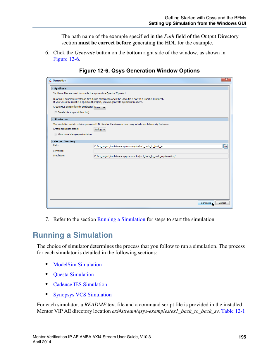 Running a simulation, Figure 12-6. qsys generation window options | Altera Mentor Verification IP Altera Edition AMBA AXI4-Stream User Manual | Page 195 / 231