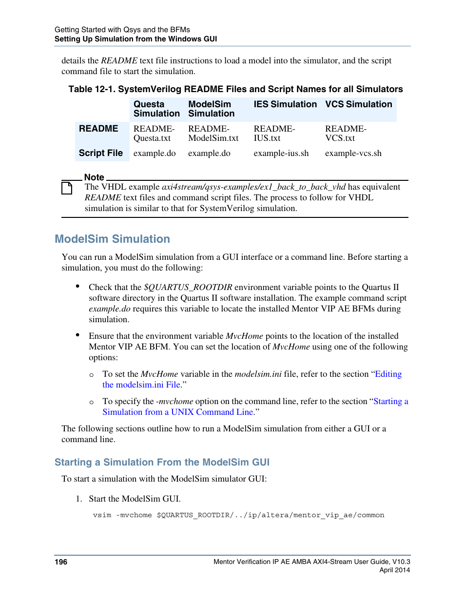 Modelsim simulation, Starting a simulation from the modelsim gui, Axi4stream/qsys-examples/ex1_back_to_back_sv | Table 12-1 | Altera Mentor Verification IP Altera Edition AMBA AXI4-Stream User Manual | Page 196 / 231