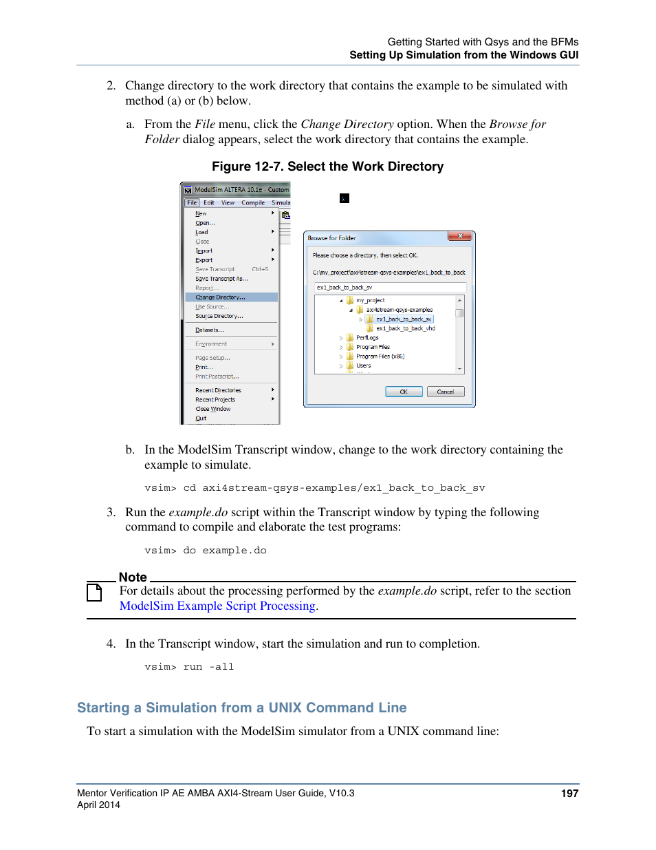 Starting a simulation from a unix command line, Figure 12-7. select the work directory, Refer to the section | Starting a, Simulation from a unix command line | Altera Mentor Verification IP Altera Edition AMBA AXI4-Stream User Manual | Page 197 / 231