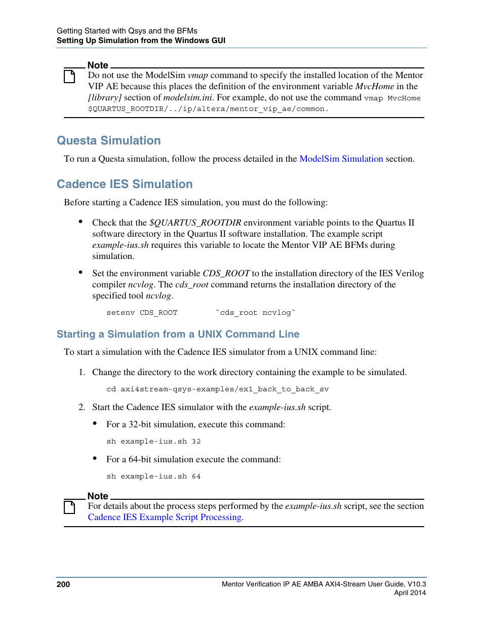 Questa simulation, Cadence ies simulation, Starting a simulation from a unix command line | Altera Mentor Verification IP Altera Edition AMBA AXI4-Stream User Manual | Page 200 / 231