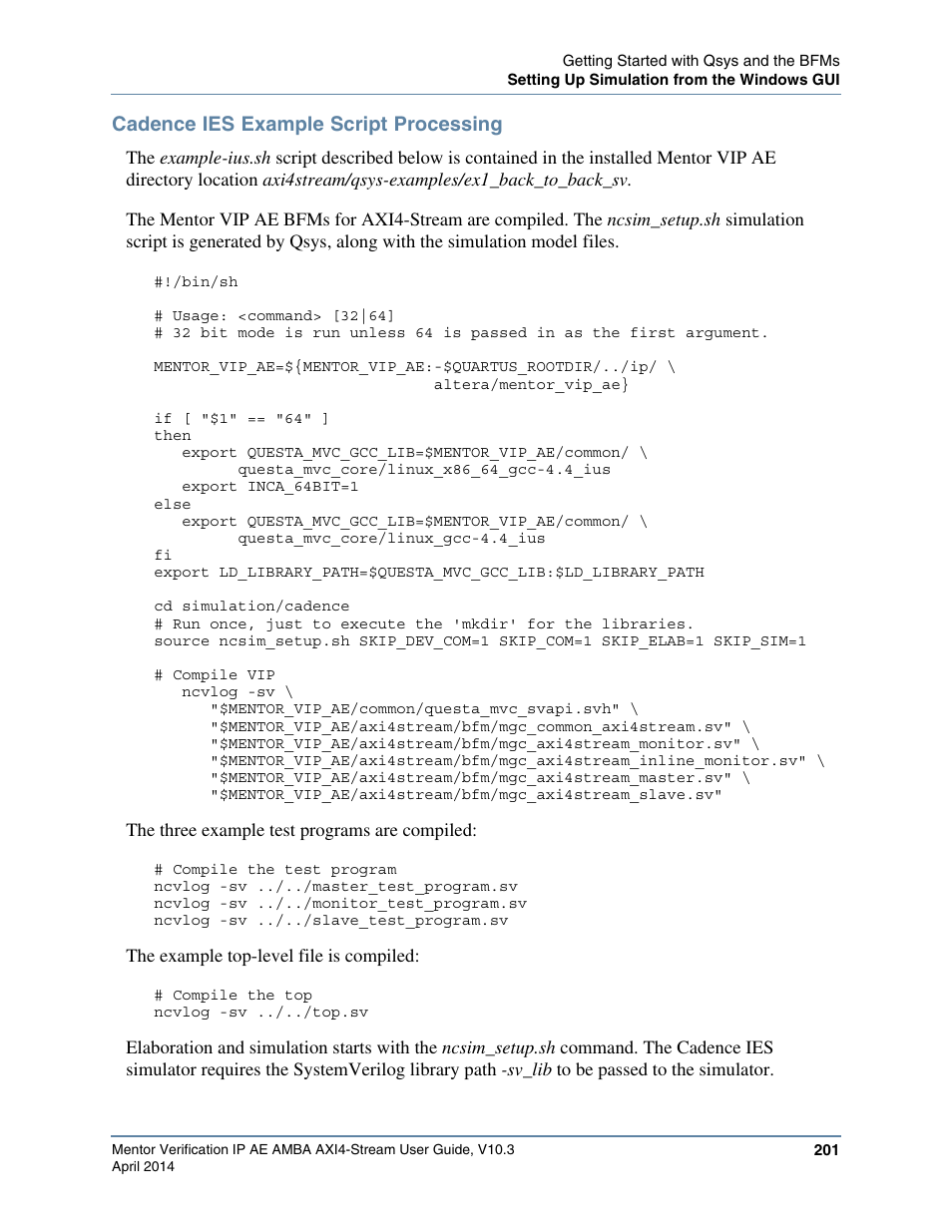 Cadence ies example script processing | Altera Mentor Verification IP Altera Edition AMBA AXI4-Stream User Manual | Page 201 / 231