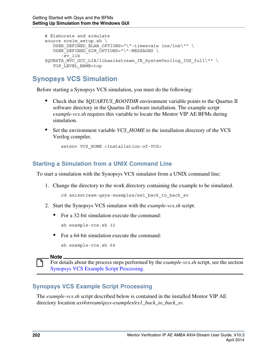 Synopsys vcs simulation, Starting a simulation from a unix command line, Synopsys vcs example script processing | Altera Mentor Verification IP Altera Edition AMBA AXI4-Stream User Manual | Page 202 / 231